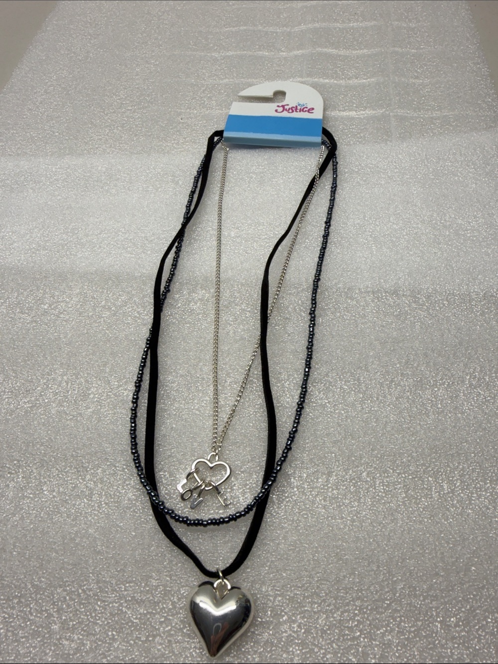 Justice Silver Layered Heart & Key Pendant Necklace with Black Strands